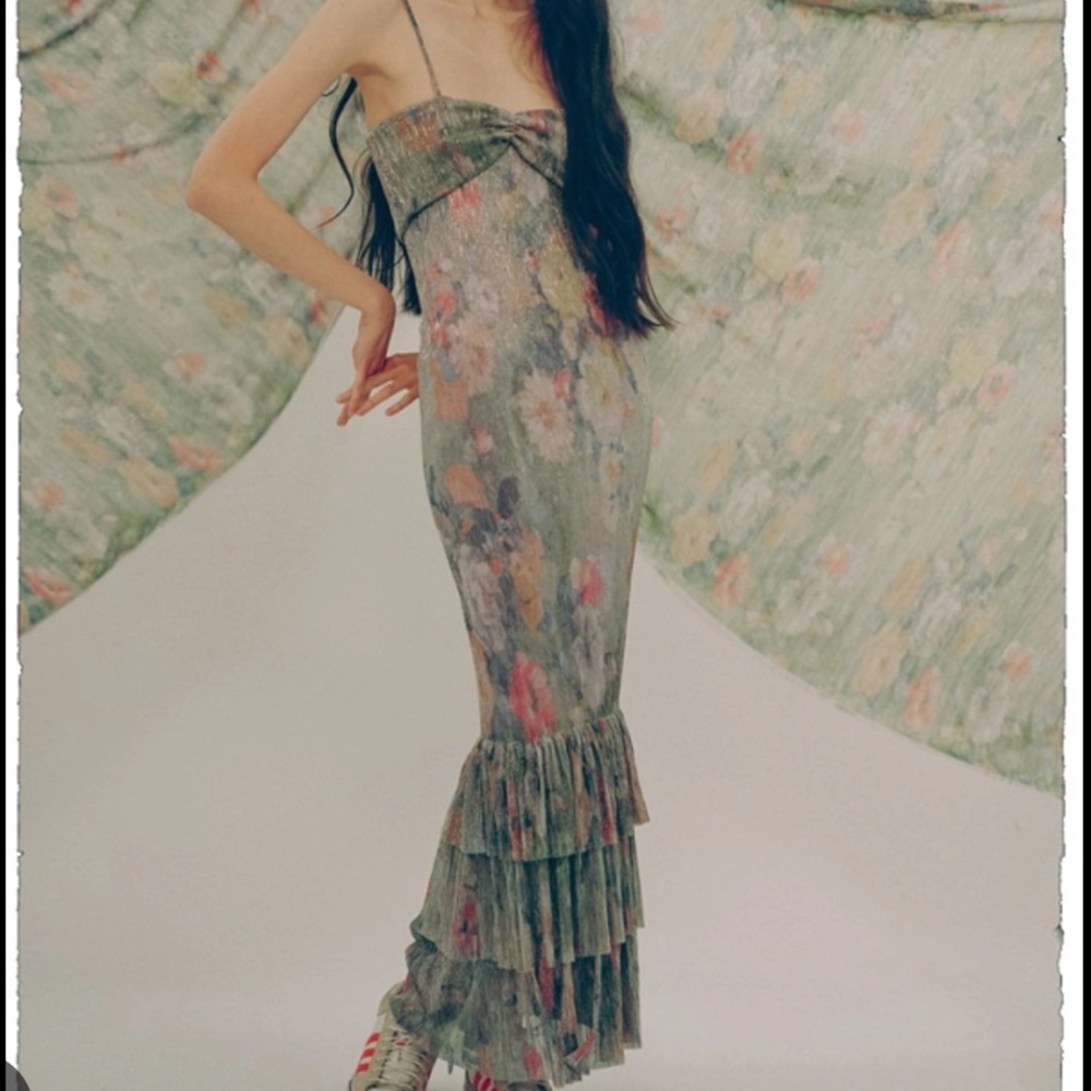 Mia Vesper Muted Pastel Floral Mermaid Tiered Ruffle Midi Dress in Shimmery Sage